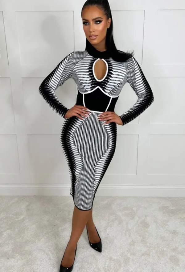 Women MOOCCI Knitwear<Illusion Of Love Monochrome Long Sleeve Waist Cinch Illusion Knitted Midi Dress