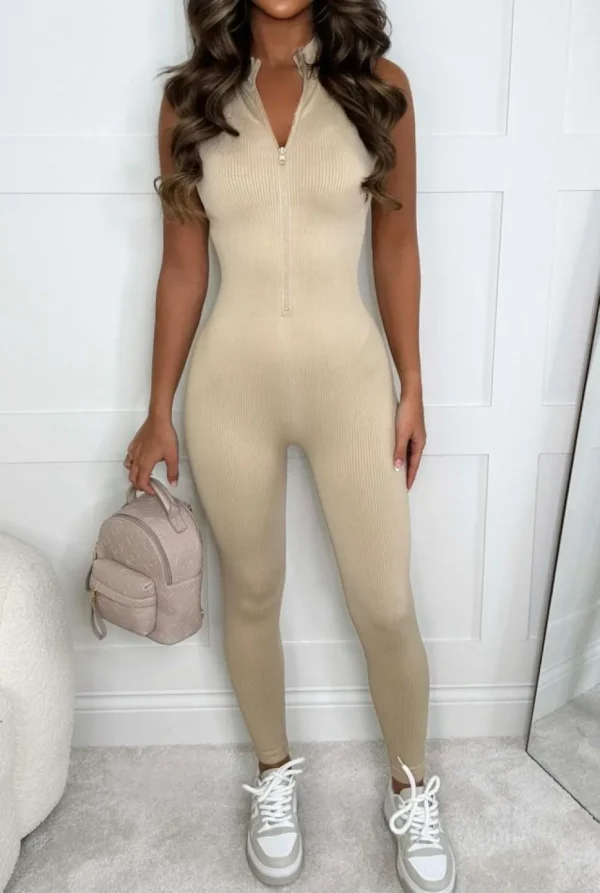 Women CHERRY KOKO Loungewear<In Her Element Beige Sleeveless Waist Cinching Zip Up Unitard