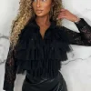 Women FLAM MODE Tops<In My Feelings Black Ruffle Lace Blouse