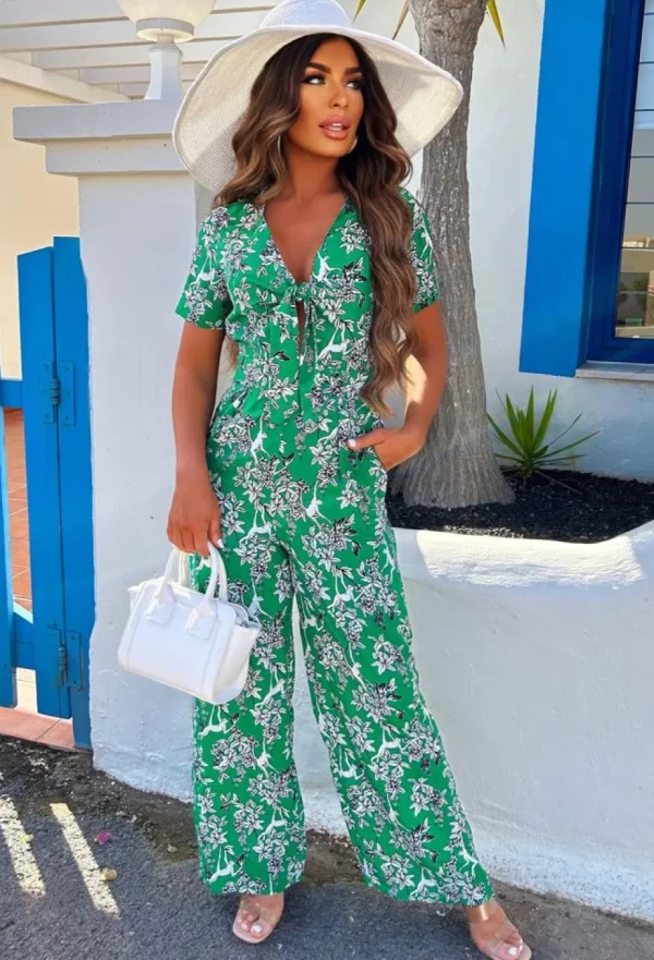 Women LILY WHITE Jumpsuits<In The Game Green Tie Front Jumpsuit