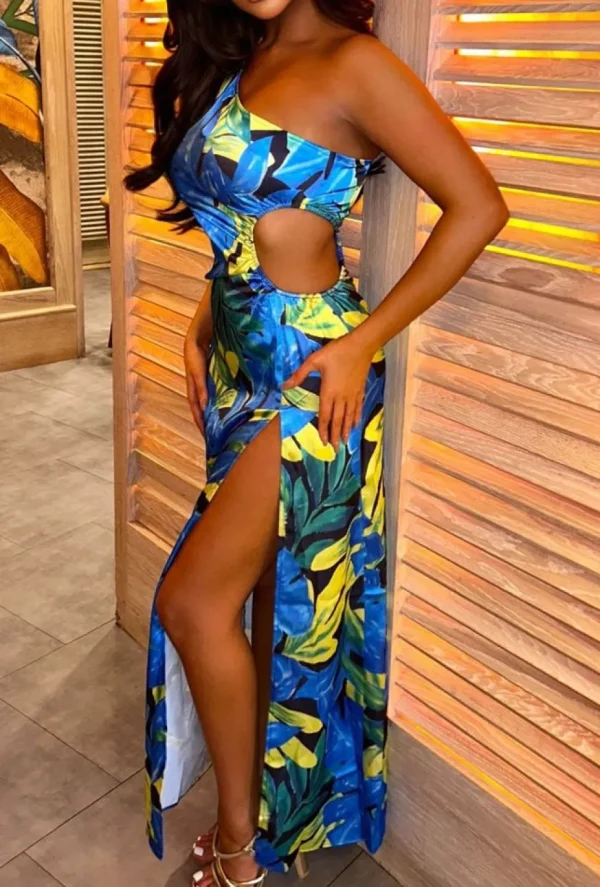 Women FP u0026 Co Dresses<Island Lifestyle Blue Tropical Printed One Shoulder Cut Out Detail Satin Dress