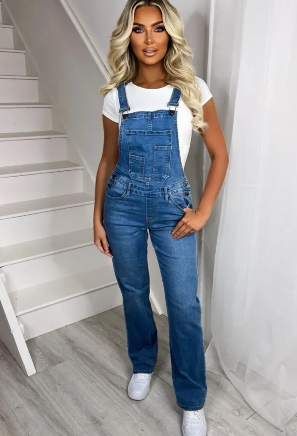 Women FABS FASHION Jumpsuits<Jump Onboard Mid Blue Stretch Denim Straight Leg Dungarees