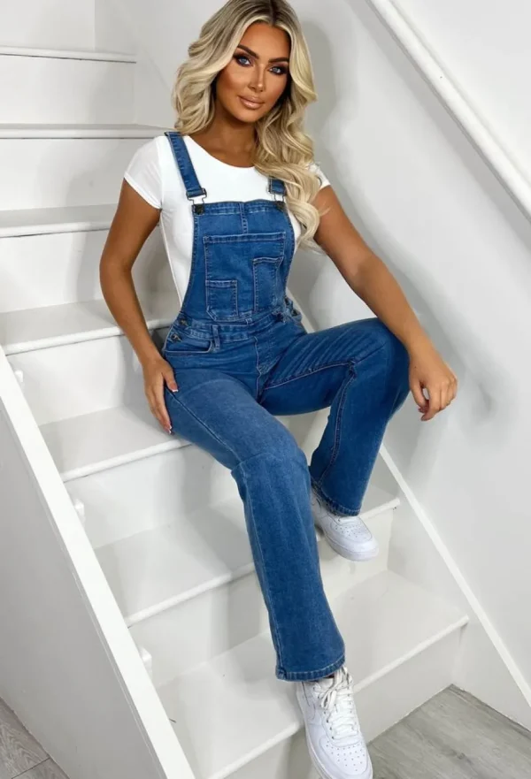 Women FABS FASHION Jumpsuits<Jump Onboard Mid Blue Stretch Denim Straight Leg Dungarees