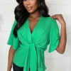 Women BABEZ Tops<Knot Yours Green Knot Front Short Sleeve Top