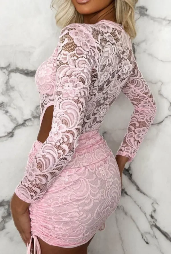 Women STYLEWISE Co-Ords<Laced Doll Pink Bodysuit And Ruched Skirt Stretch Lace Co-Ord Set