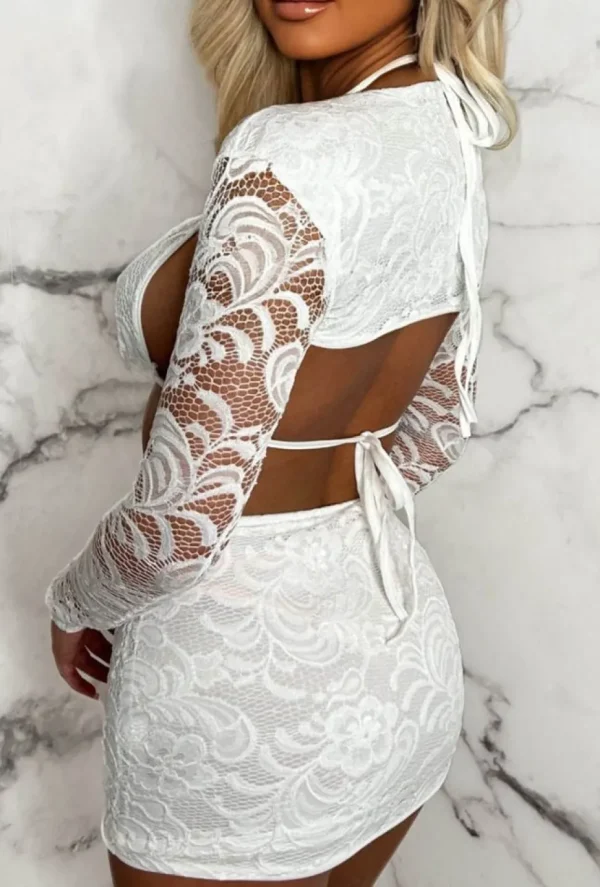 Women STYLEWISE Co-Ords<Lacy Desire White 3 Piece Stretch Lace Ruched Co-Ord Outfit Set