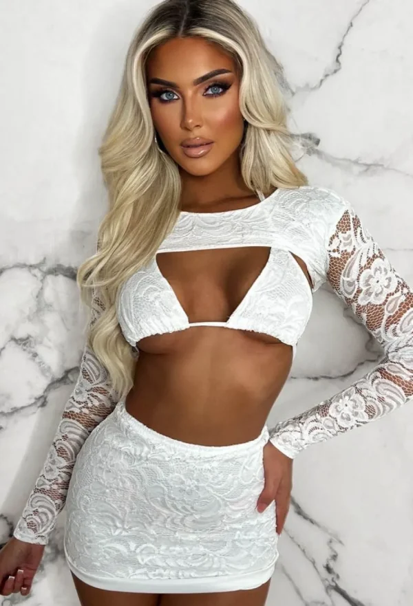 Women STYLEWISE Co-Ords<Lacy Desire White 3 Piece Stretch Lace Ruched Co-Ord Outfit Set