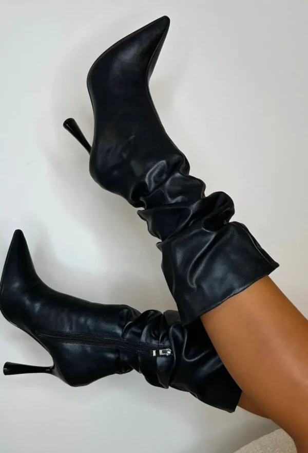 Women NO DOUBT High Heels<Leave A Message Black Faux Leather Ruched Boot