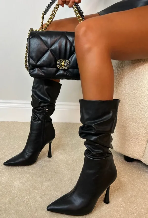 Women NO DOUBT High Heels<Leave A Message Black Faux Leather Ruched Boot