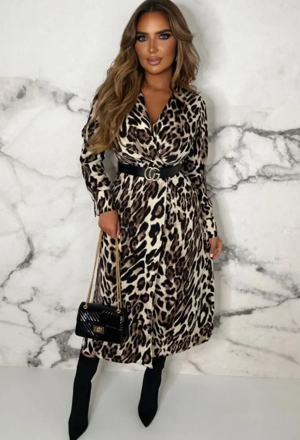 Women ARLEQUINN Summer Dresses<Leopard Chic Brown Animal Print Stretch Waist Wrap Top Midi Dress