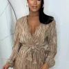 Women LUCCE Playsuits<Like To Party Champagne Metallic Plisse Belted Stretch-Waist Long Sleeve Playsuit