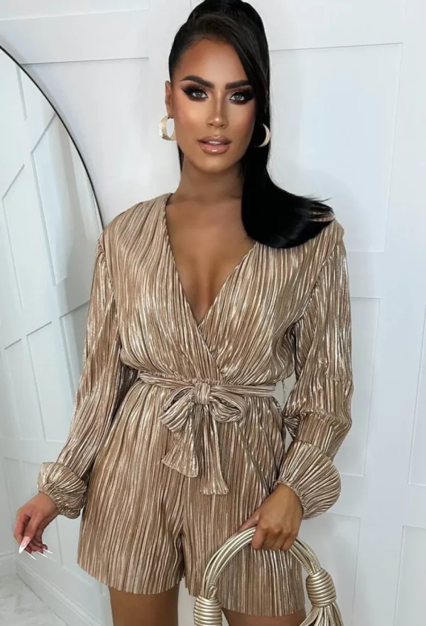 Women LUCCE Playsuits<Like To Party Champagne Metallic Plisse Belted Stretch-Waist Long Sleeve Playsuit