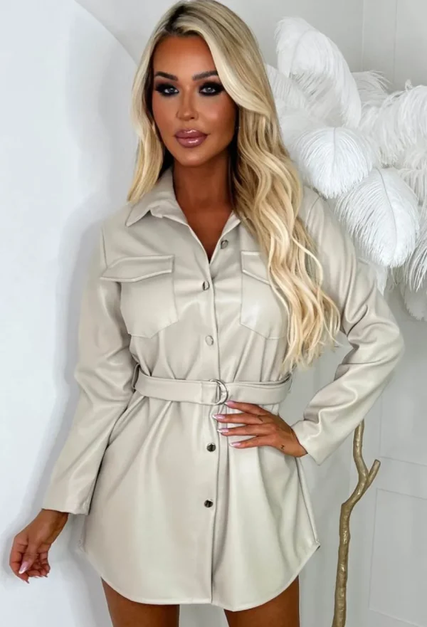 Women J5 FASHION Dresses<Lisa Marie Nude Belted Stretch Faux Leather Shirt Dress