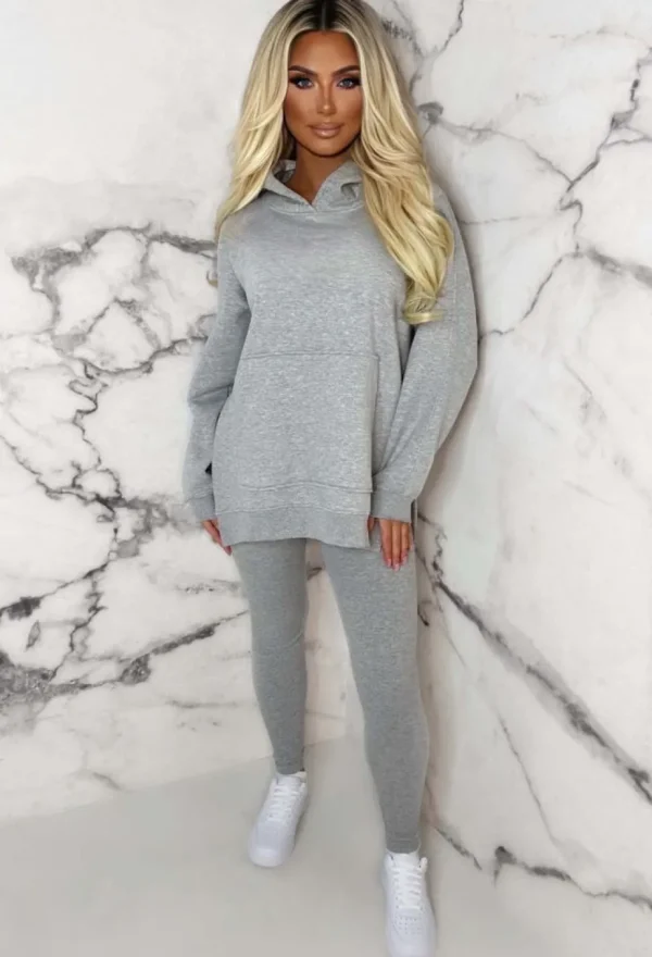 Women STYLEWISE Loungewear<Living The Life Grey Marl Oversized Hoodie With Ribbed Legging Two Piece Loungewear Set