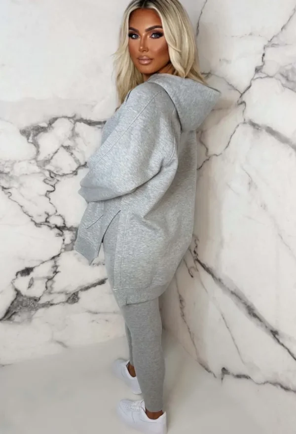 Women STYLEWISE Loungewear<Living The Life Grey Marl Oversized Hoodie With Ribbed Legging Two Piece Loungewear Set