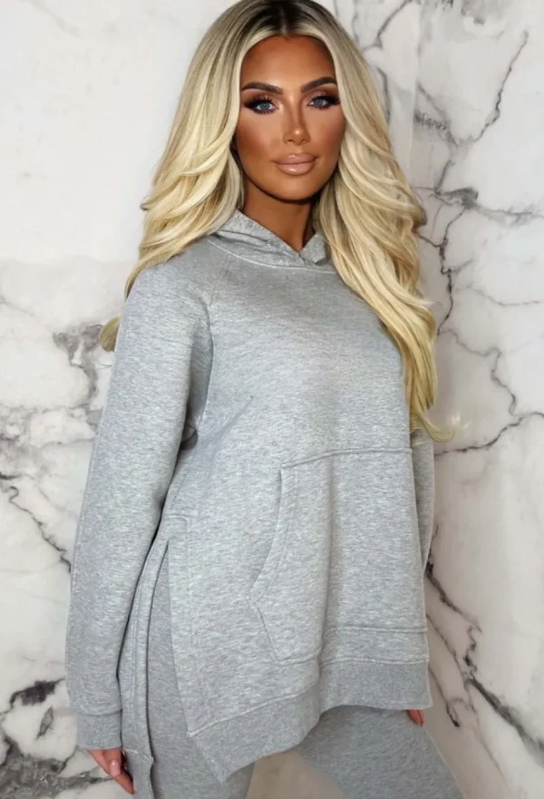 Women STYLEWISE Loungewear<Living The Life Grey Marl Oversized Hoodie With Ribbed Legging Two Piece Loungewear Set