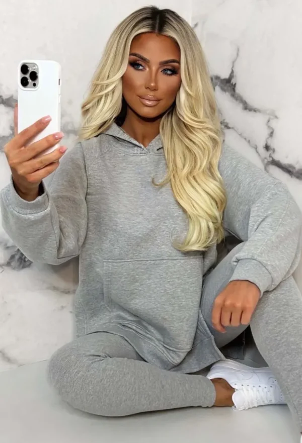 Women STYLEWISE Loungewear<Living The Life Grey Marl Oversized Hoodie With Ribbed Legging Two Piece Loungewear Set