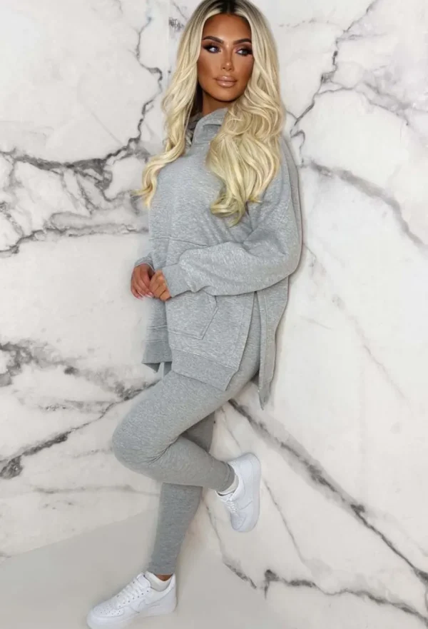 Women STYLEWISE Loungewear<Living The Life Grey Marl Oversized Hoodie With Ribbed Legging Two Piece Loungewear Set