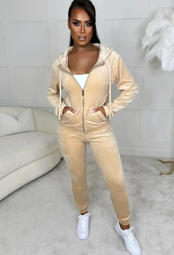 Women BABEZ Loungewear<Lounge Season Beige Velour Hooded Zip Up Loungewear Set