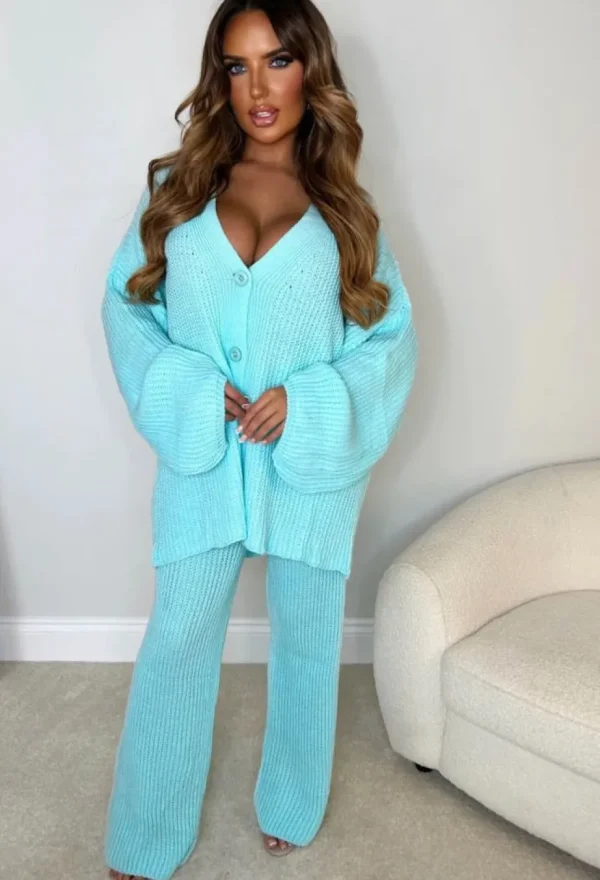 Women J5 FASHION Gifts<Lounging About Mint Green Two Piece Oversized Knitted Cardigan & Trouser Loungewear Set