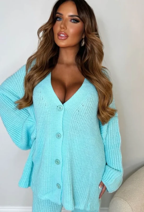 Women J5 FASHION Gifts<Lounging About Mint Green Two Piece Oversized Knitted Cardigan & Trouser Loungewear Set