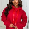 Women J5 FASHION Loungewear<Lounging Around Red Ruched Sleeve Hooded Sweatshirt