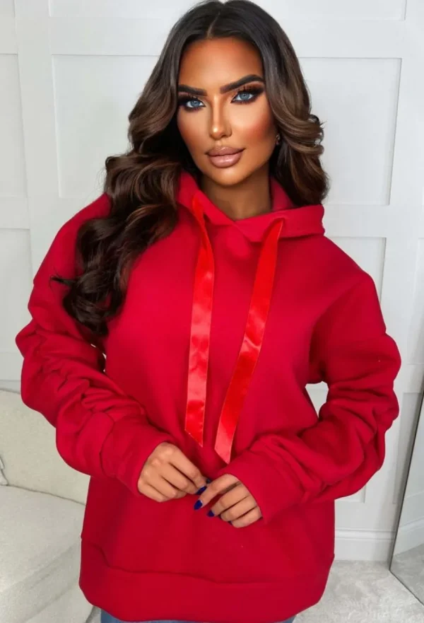 Women J5 FASHION Loungewear<Lounging Around Red Ruched Sleeve Hooded Sweatshirt