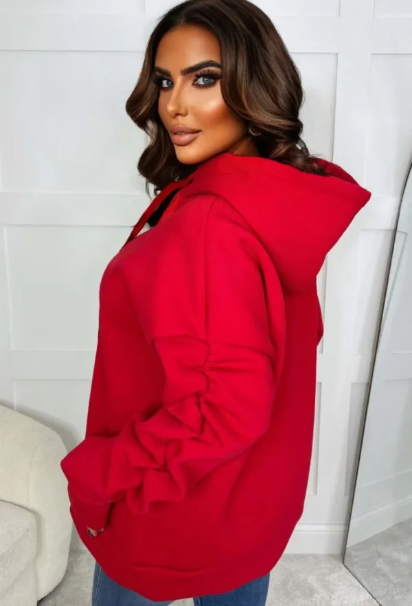 Women J5 FASHION Loungewear<Lounging Around Red Ruched Sleeve Hooded Sweatshirt