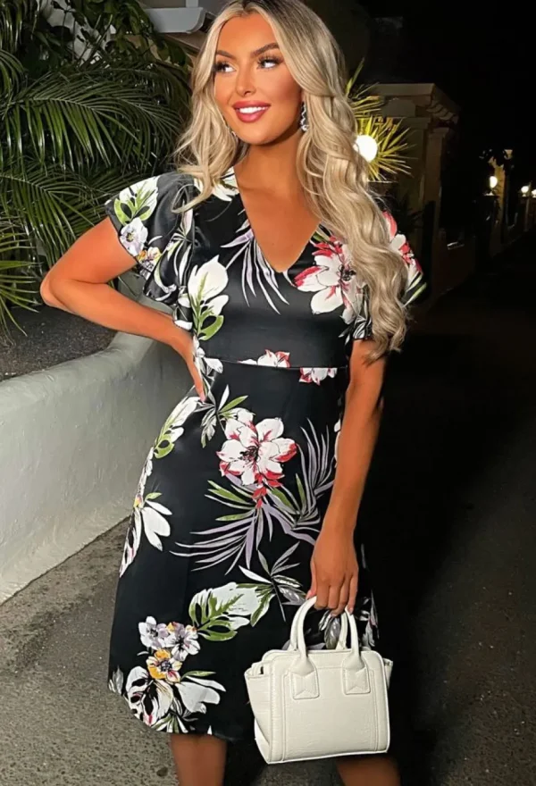 Women LILY WHITE Summer Dresses<Love Flowers Black Floral V Neck Midi Dress