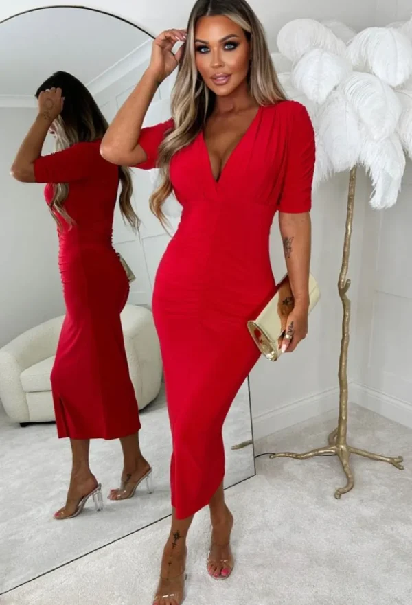 Women SOFT TOUCH Dresses<Love Me Always Red Ruched Stretch Midi Dress