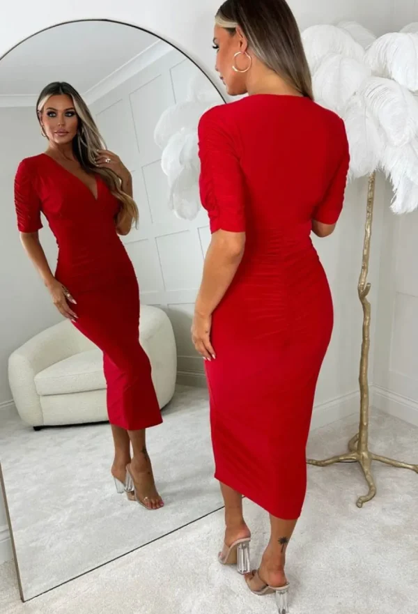 Women SOFT TOUCH Dresses<Love Me Always Red Ruched Stretch Midi Dress