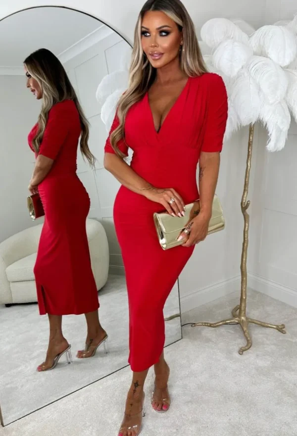 Women SOFT TOUCH Dresses<Love Me Always Red Ruched Stretch Midi Dress