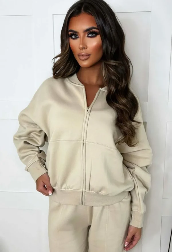 Women STYLEWISE Loungewear<Love On Replay Beige Bomber Jacket And Straight Leg Jogger Loungewear Set