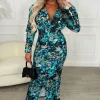 Women FORELLA Dresses<Love You 100% Green Long Sleeve Stretch Floral Ruched Midi Dress