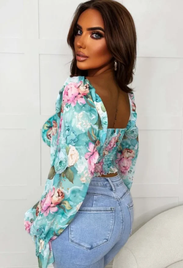 Women INFINITY Tops<Loyal Love Teal Floral Milkmaid Mesh Top