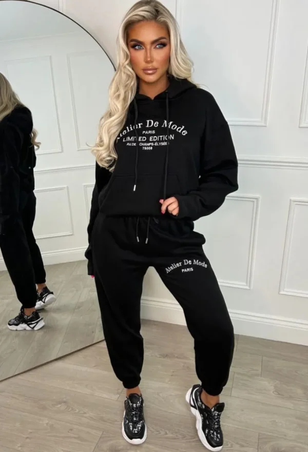 Women STYLEWISE Gifts<Ltd Edition Black Embroidered Hooded Two-Piece Loungewear Set