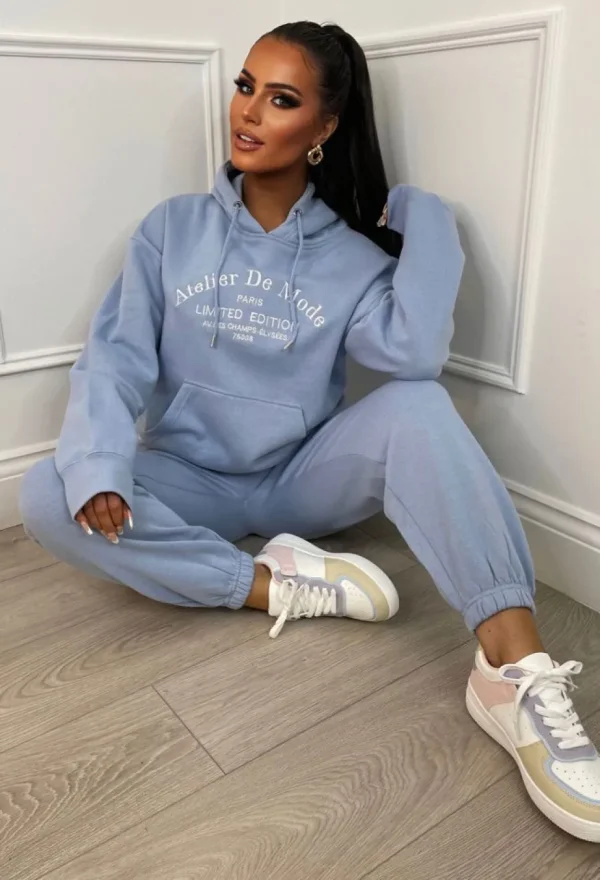 Women STYLEWISE Loungewear<Ltd Edition Blue Embroidered Hooded Two Piece Loungewear Set