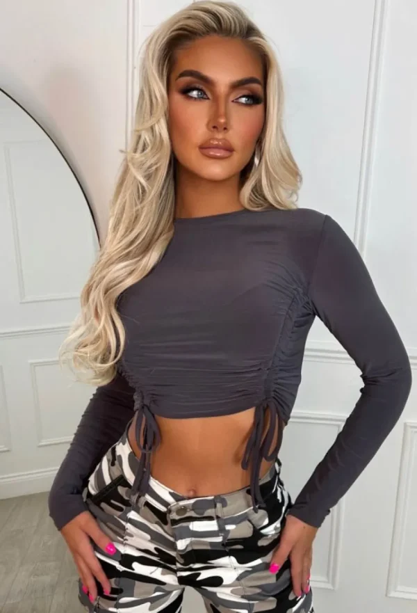 Women SOFT TOUCH Crop Tops & Bralets<Luxe Affection Grey Drawstring Ruched Front Top