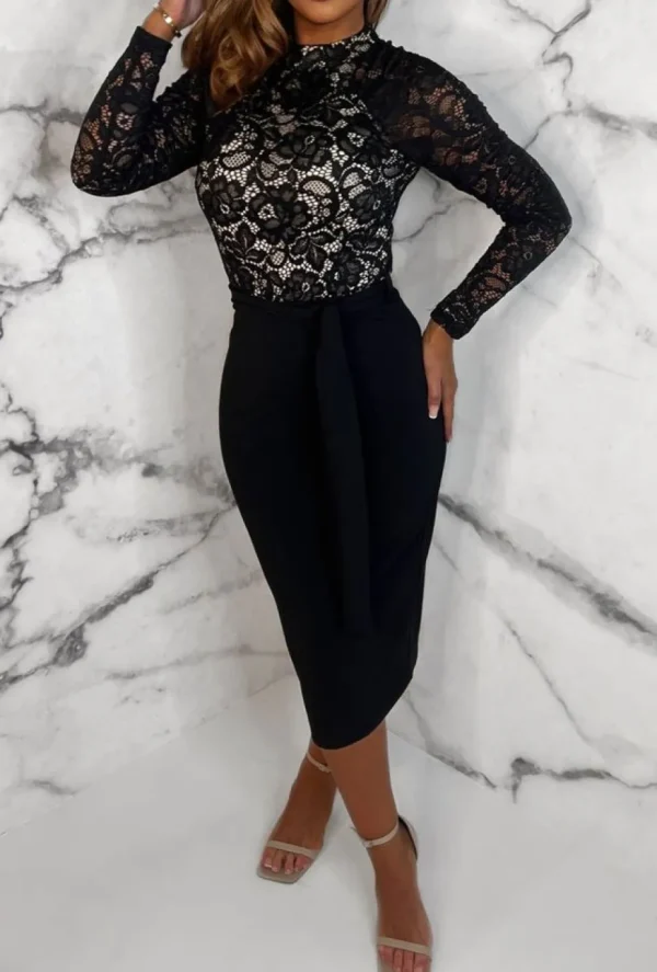 Women VJK Dresses<Luxury Sensation Black Long Sleeve Stretch Lace Belted Midi Dress