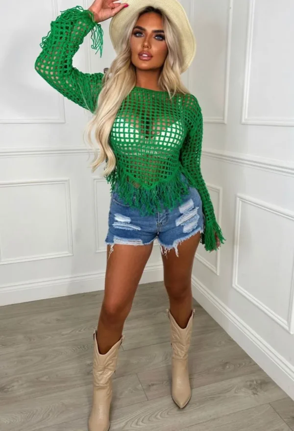 Women LUCCE Crop Tops & Bralets<Match My Vibe Green Crochet Tassel Top