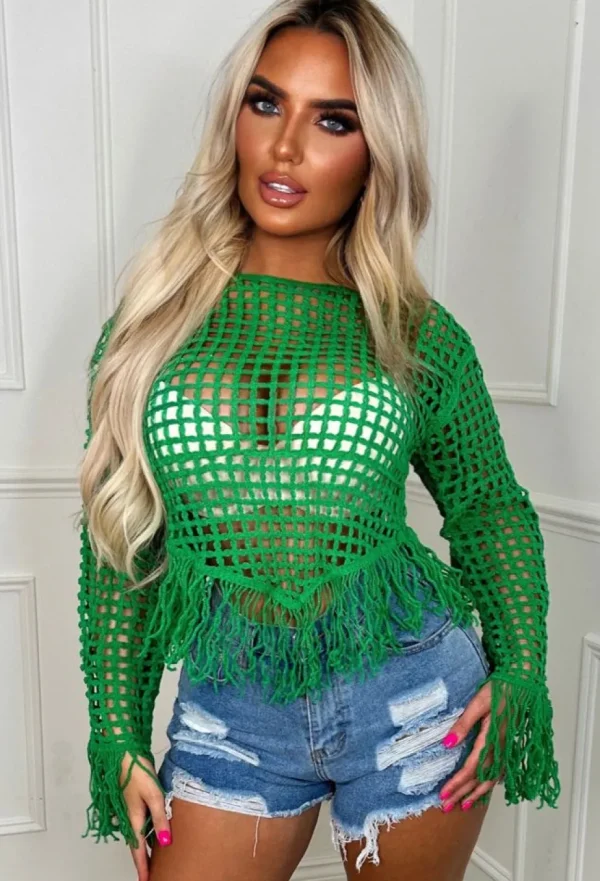 Women LUCCE Crop Tops & Bralets<Match My Vibe Green Crochet Tassel Top