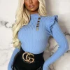 Women MOOCCI Tops<Meet Me Later Baby Blue Frill Sleeve Gold Button Jumper