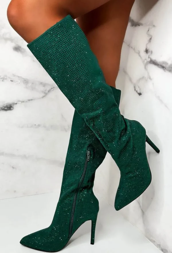 Women EWANYE Boots<Memorable Nights Green Diamond Gem Knee Boots