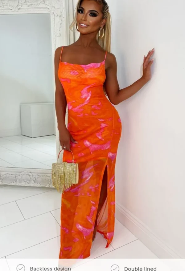 Women BABEZ Summer Dresses<Meshy Heart Orange Marble Mesh Backless Maxi Dress