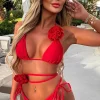 Women Continental Textiles Swimwear<Midnight Affair Red Flower Trim Triangle Bikini With Choker And Belt