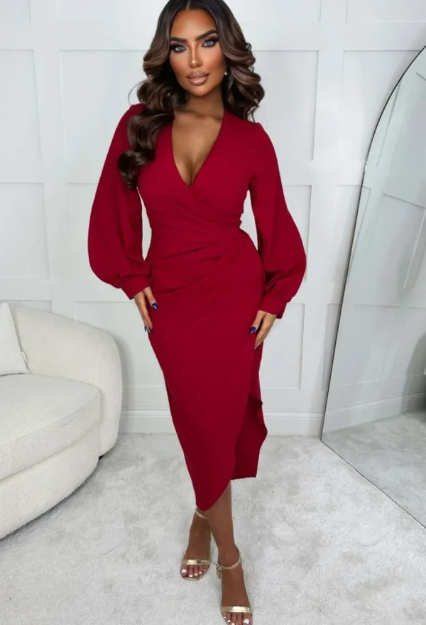 Women VJK Dresses<My Moment Red Long Sleeve Ruched Detail Midi Dress