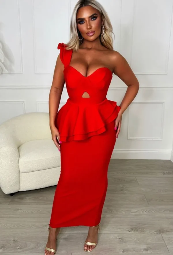 Women FP u0026 CO Bandage<My Movie Star Red Premium Peplum Stretch Bandage Midi Dress