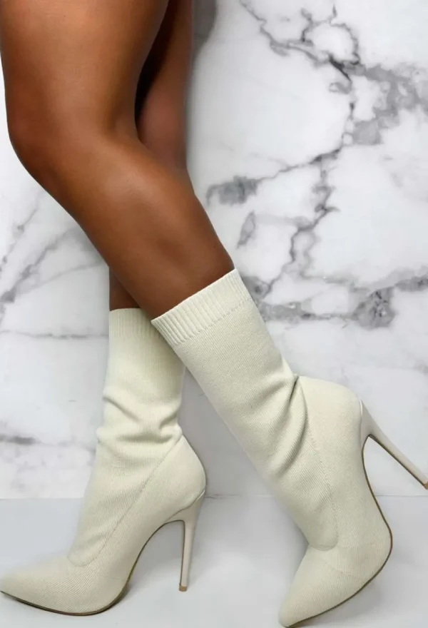 Women NO DOUBT Boots<My Next Step Cream Stretch Knitted Sock Boots