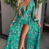 Women FP u0026 CO Summer Dresses<My Paradise Green Tropical Long Sleeve Bodysuit Split Leg Maxi Dress