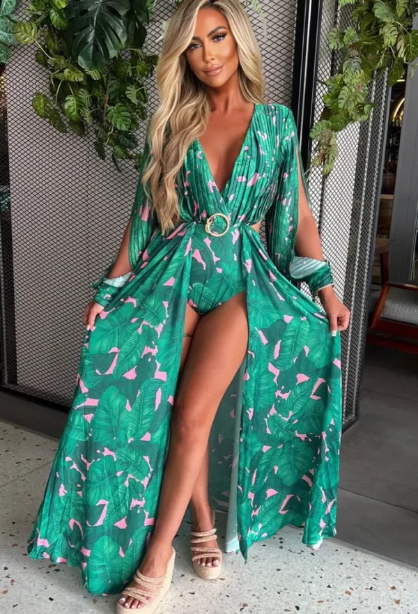 Women FP u0026 CO Summer Dresses<My Paradise Green Tropical Long Sleeve Bodysuit Split Leg Maxi Dress